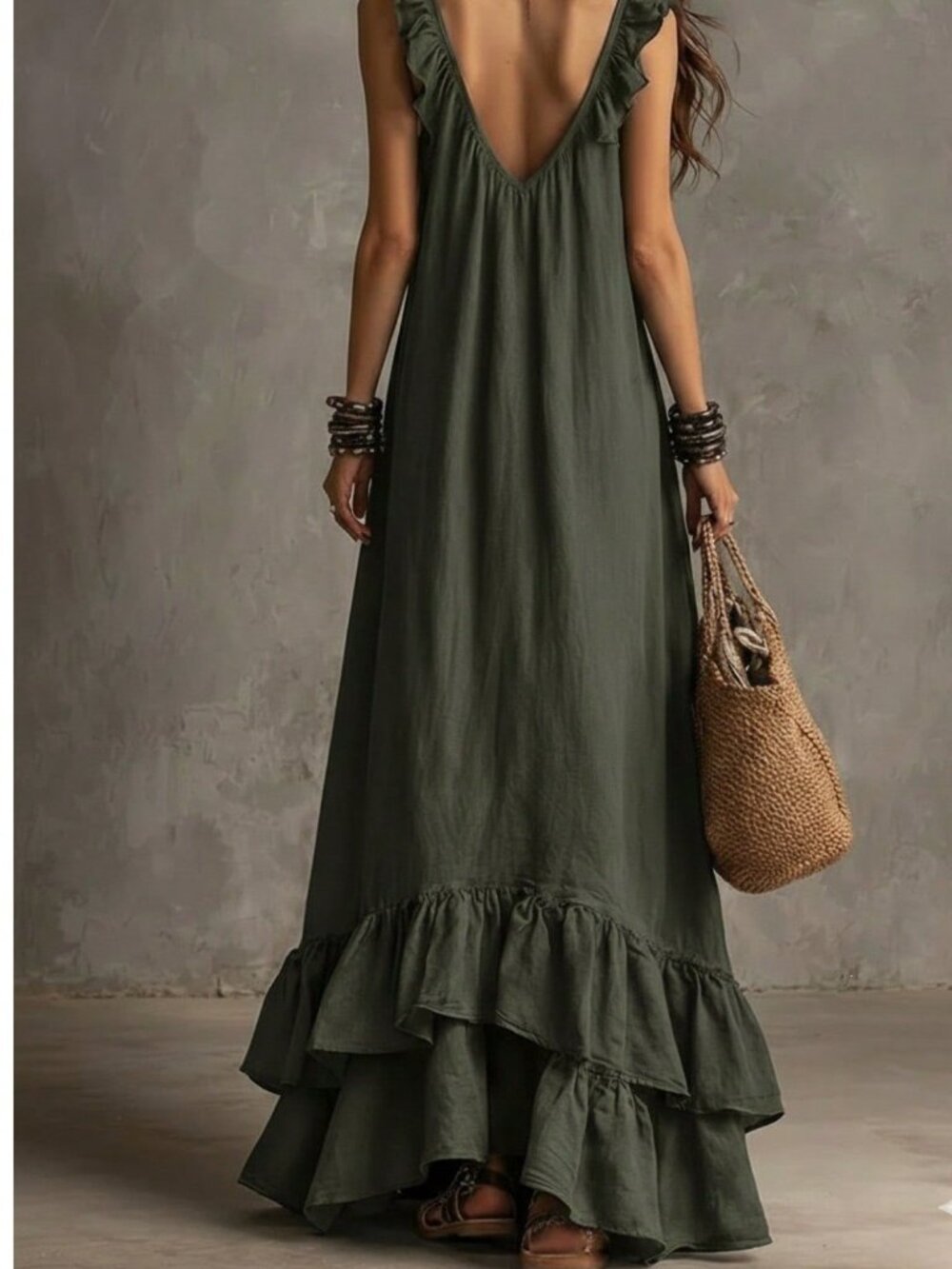 Olive Green Bohemian Women's Dress - Picture 2 of 4